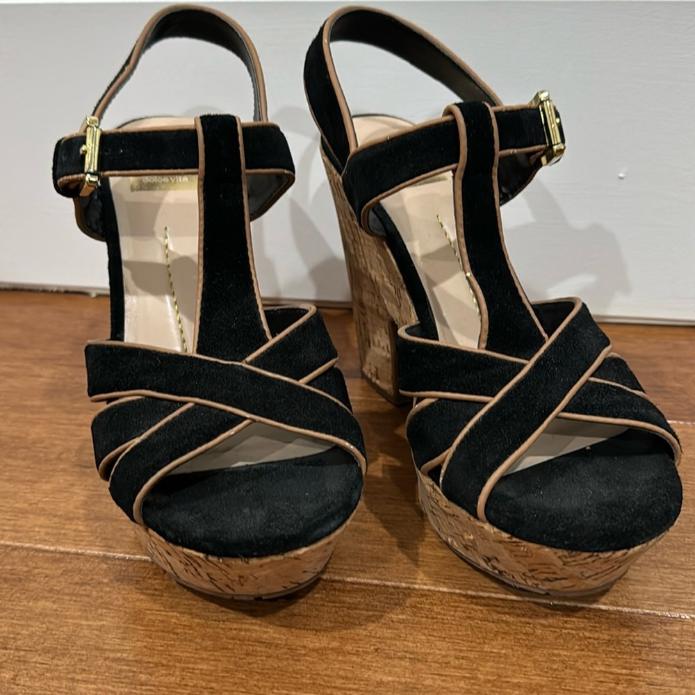 Dolce vita black and tan piping cork wedge/block sandal